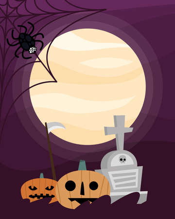 Halloween pumpkins cartoons with grave at night design, Holiday and scary theme Vector illustrationのイラスト素材