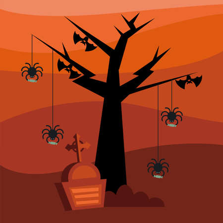 Halloween spiders and bats at tree with grave design, Holiday and scary theme Vector illustrationのイラスト素材