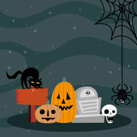 Halloween pumpkins cartoons with grave and cat design, Holiday and scary theme Vector illustrationのイラスト素材