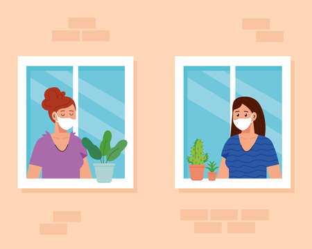 stay home, quarantine or self isolation,house facade with windows and women look out of home, stay safe quarantine concept vector illustration designのイラスト素材