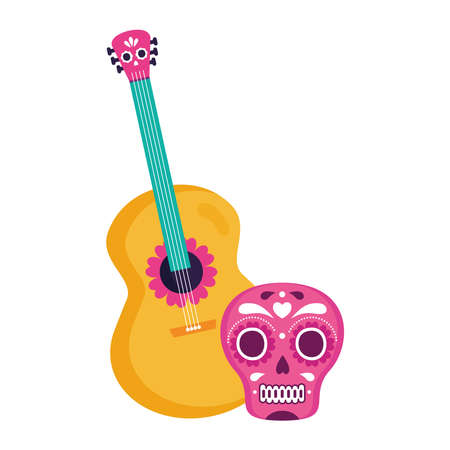 pink mexican skull with guitar, on white background vector illustration designのイラスト素材