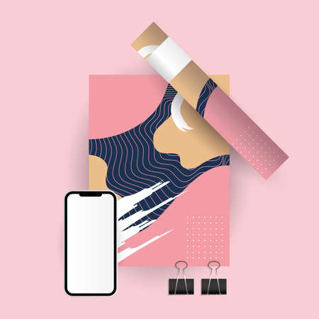 Mockup smartphone design paper and clips of corporate identity template and branding theme Vector illustrationのイラスト素材