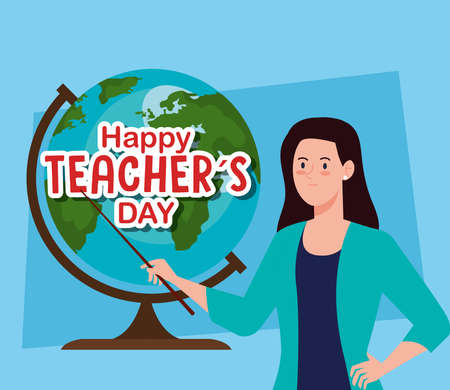 happy teachers day, and woman teacher with globe earth vector illustration designのイラスト素材