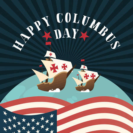 Columbus ships on world and usa flag design of happy columbus day america and discovery theme Vector illustrationのイラスト素材