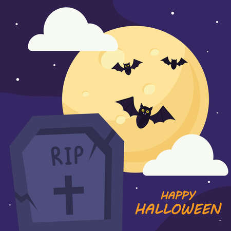 happy halloween with grave and bats design, holiday and scary theme Vector illustrationのイラスト素材