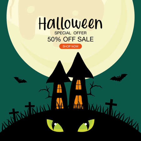 halloween special offer sale with house and eyes design, shop now and ecommerce theme Vector illustrationのイラスト素材