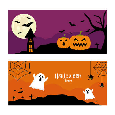 halloween party with pumpkins and ghosts cartoons design, happy holiday and scary theme Vector illustrationのイラスト素材