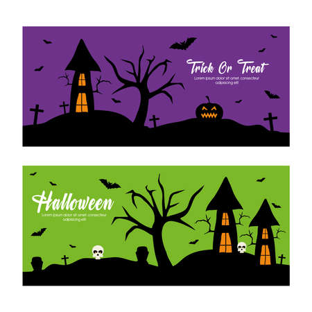 halloween special offer sale with houses and pumpkin design, shop now and ecommerce theme Vector illustrationのイラスト素材