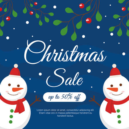 christmas sale with snowmans with leaves design, offer shop now and ecommerce theme Vector illustrationのイラスト素材