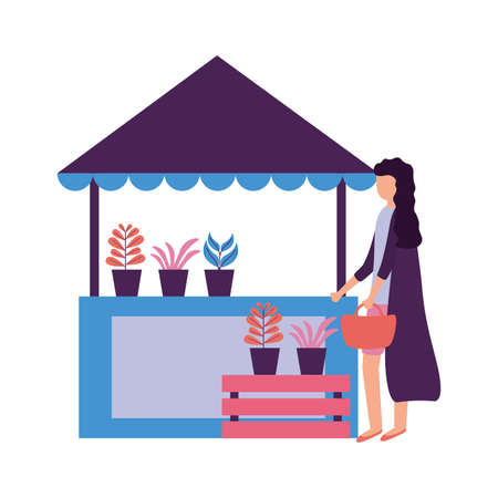 woman street commerce booth plants vector illustrationのイラスト素材
