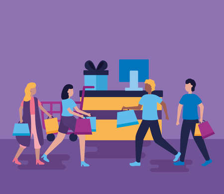 shopping store payment girls nad boys with bags vector illustrationのイラスト素材