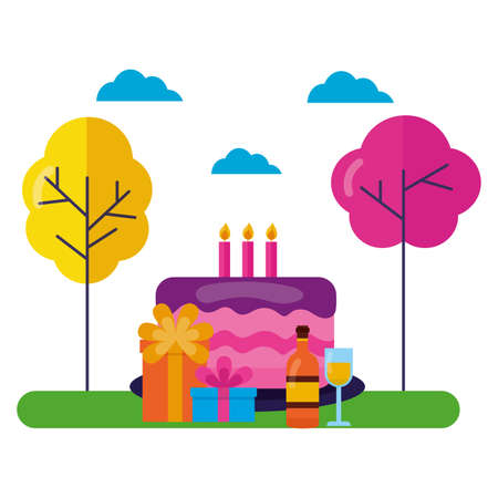 cake gifts wine cup birthday celebration park tree sky vector illustrationのイラスト素材