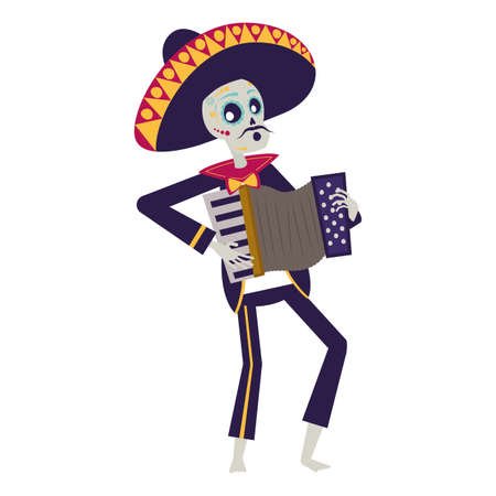 mariachi skull playing accordion comic character vector illustration designのイラスト素材