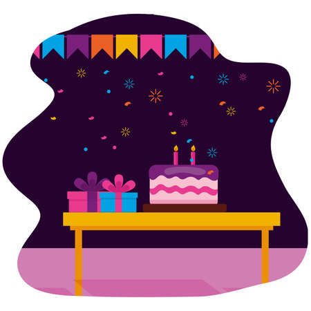 cake gift boxes pennants birthday celebration vector illustrationのイラスト素材