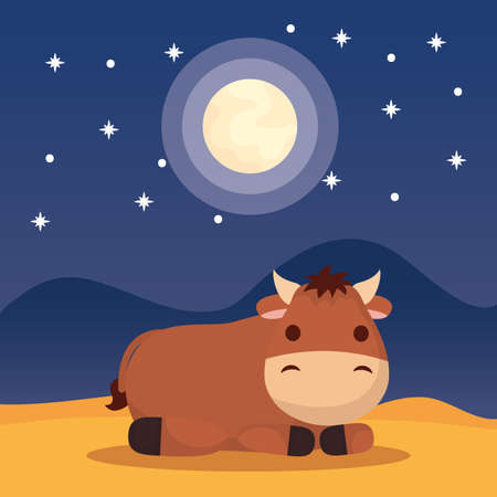 celebration merry christmas manger cute ox in the night desertのイラスト素材
