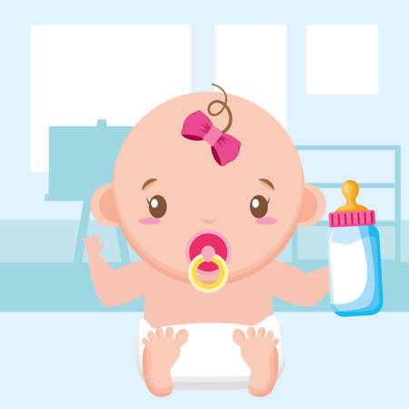 cute little baby girl with milk bottle vector illustration designのイラスト素材