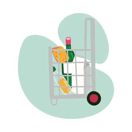 groceries in shopping basket with wheels block style vector illustration designのイラスト素材