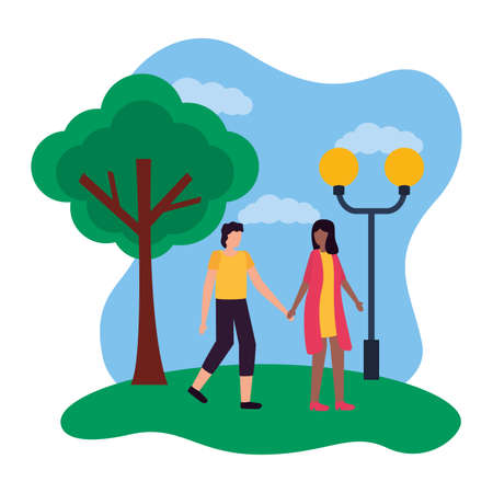 romantic couple in the park with lamp post and tree vector illustrationのイラスト素材