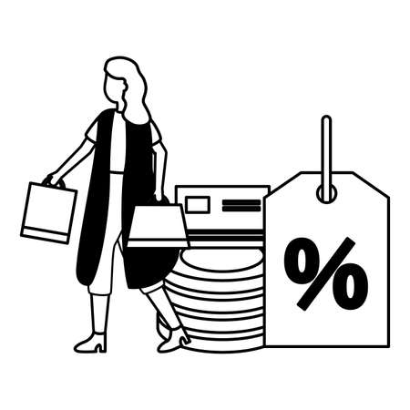 woman with money tag price bank card shopping bags commerce vector illustrationのイラスト素材