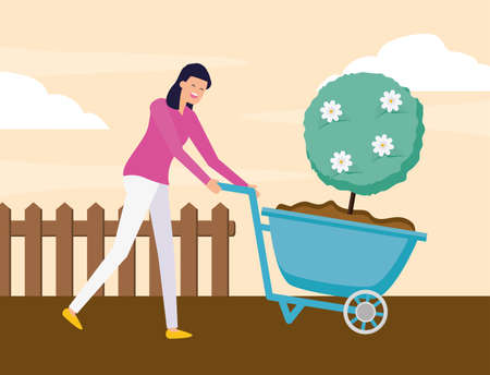 woman carrying tree in wheelbarrow gardening vector illustrationのイラスト素材