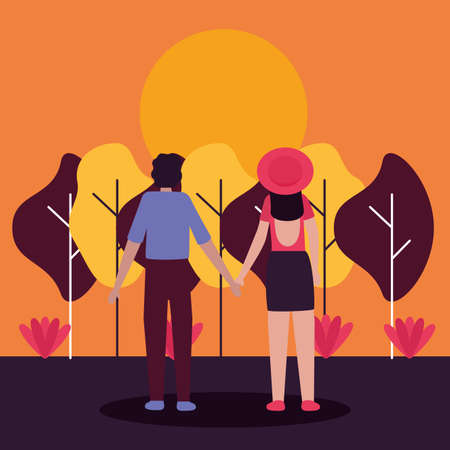 couple holding hands looking a sunset activities outdoors vector illustrationのイラスト素材