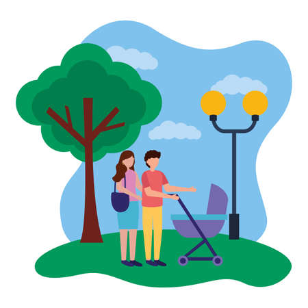 man and woman with pram pregnancy and maternity in the park vector illustrationのイラスト素材