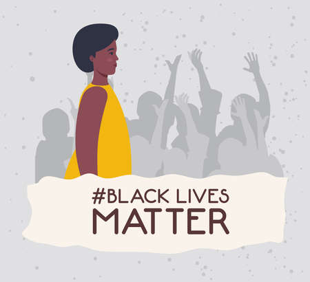 black lives matter, young woman african with silhouette of protesting people, stop racism concept vector illustration designのイラスト素材