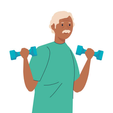 Senior man cartoon lifting weights design, grandfather and old male person theme Vector illustrationのイラスト素材