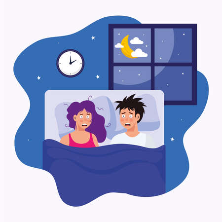woman and man with insomnia in bed design, sleep and night theme Vector illustrationのイラスト素材