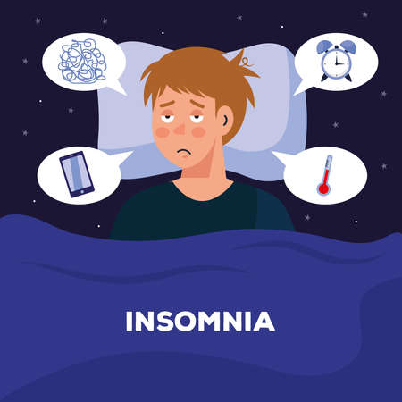 man with insomnia in bed with bubbles design, sleep and night theme Vector illustrationのイラスト素材