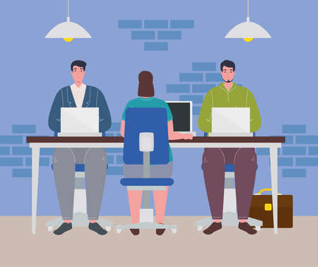 coworking space, woman and men with laptops on big desk, concept of team working vector illustration designのイラスト素材