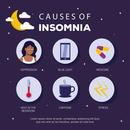 causes of insomnia with icon set design, sleep and night theme Vector illustrationのイラスト素材