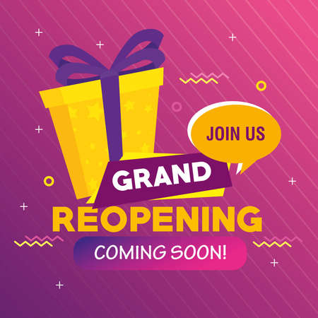 banner of coming soon grand reopening, with gift box present vector illustration designのイラスト素材