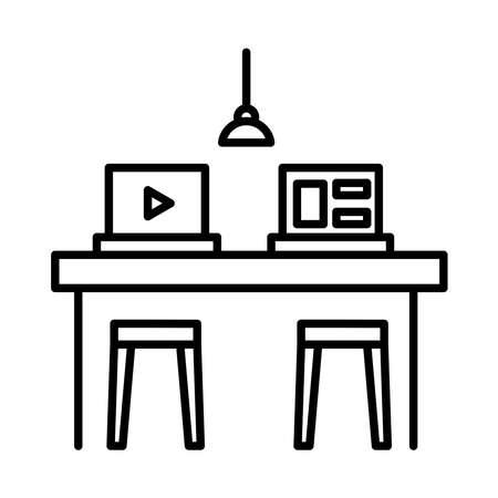office desk with laptops line style icon design, object workforce corporate and job theme Vector illustrationのイラスト素材