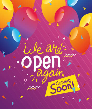 banner of we are open again coming soon with balloons helium vector illustration designのイラスト素材
