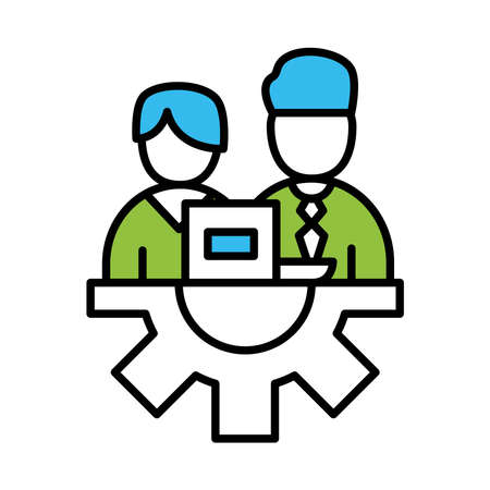coworkers men with laptop on gear line and colors style icon design, Coworking teamwork and strategy theme Vector illustrationのイラスト素材