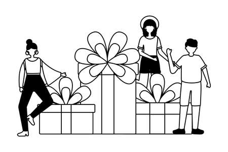 people with big gift boxes birthday celebration vector illustrationのイラスト素材