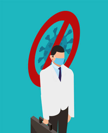 professional doctor using face mask and stop covid19 signal vector illustration designのイラスト素材