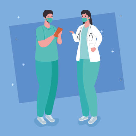 prevention covid 19, couple doctors wearing medical mask against coronavirus vector illustration designのイラスト素材