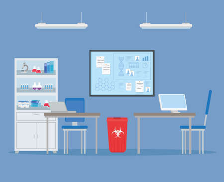 medical vaccine research, scene laboratory for scientific virus prevention study vector illustration designのイラスト素材