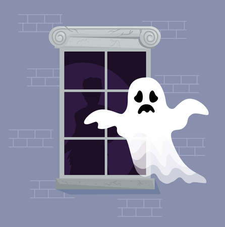 happy halloween banner with ghost and window vector illustration designのイラスト素材