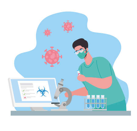medical vaccine research coronavirus, doctor in laboratory for medical vaccine research and educational microbiology for coronavirus covid19 vector illustration designのイラスト素材