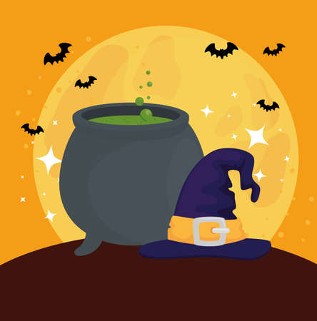 happy halloween banner with cauldron, bats flying and hat witch vector illustration designのイラスト素材