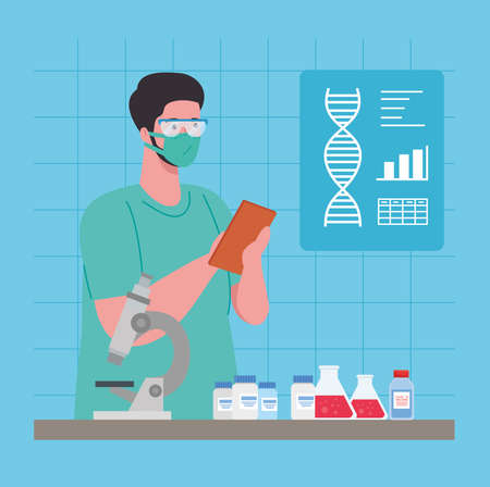 medical vaccine research coronavirus, doctor in laboratory for medical vaccine research and educational microbiology for covid19 vector illustration designのイラスト素材
