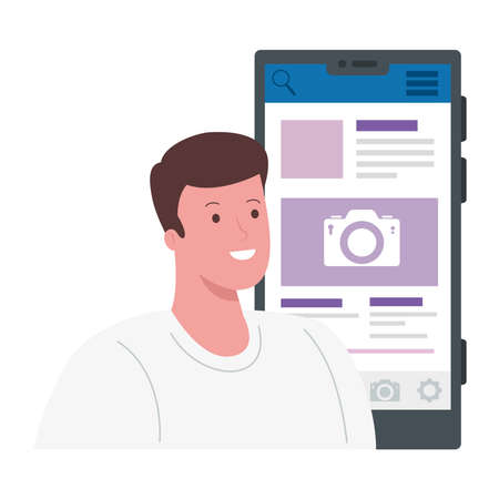 man cartoon with smartphone design, Social media multimedia communication and digital marketing theme Vector illustrationのイラスト素材