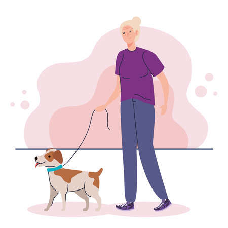 old woman walking with dog pet vector illustration designのイラスト素材