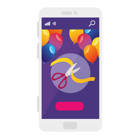 Balloons with scissor and ribbon in smartphone design, Party celebration and entertainment theme Vector illustrationのイラスト素材
