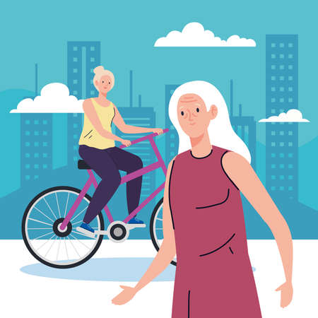 senior women doing different activities and hobbies vector illustration designのイラスト素材