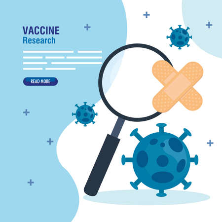 medical vaccine research coronavirus, with magnifying glass and cure bands, medical vaccine research and educational microbiology for coronavirus covid19 vector illustration designのイラスト素材