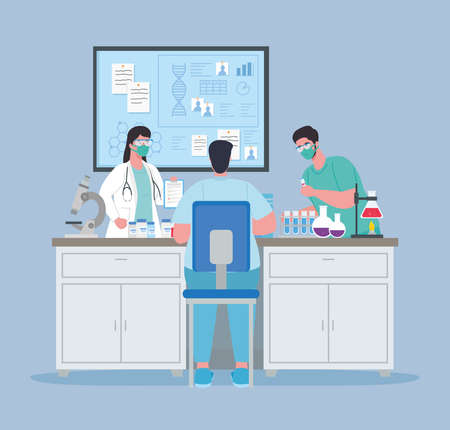 medical vaccine research, doctor group in laboratory for scientific virus prevention study vector illustration designのイラスト素材